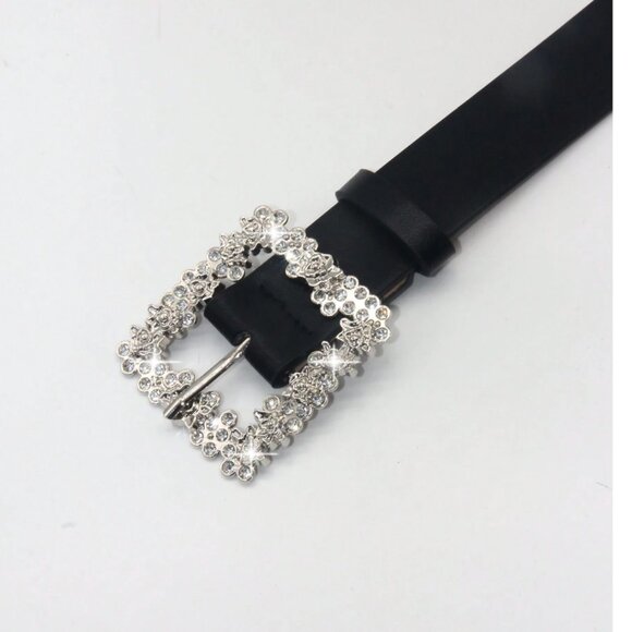 Vegan Leather Rhinestone Decor Metal Square Buckle Belt - Picture 4 of 4